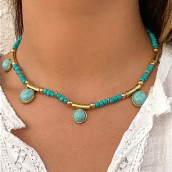 Retro-Look Turquoise Necklace with Golden Accents - Picture 8 of 9